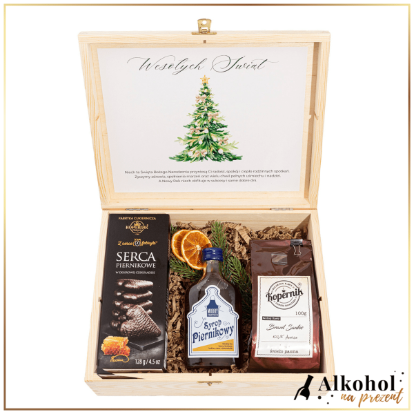 ŚWIĄTECZNY ZESTAW SYROP PIERNIKOWY W SKRZYNCE Z ŻYCZENIAMI - ZESTAW PREZENTOWY NA ŚWIĘTA