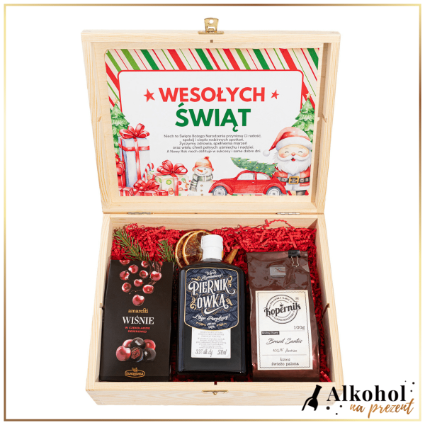 ŚWIĄTECZNY ZESTAW LIKIER PIERNIKÓWKA W SKRZYNCE Z ŻYCZENIAMI - ZESTAW NA BOŻE NARODZENIE