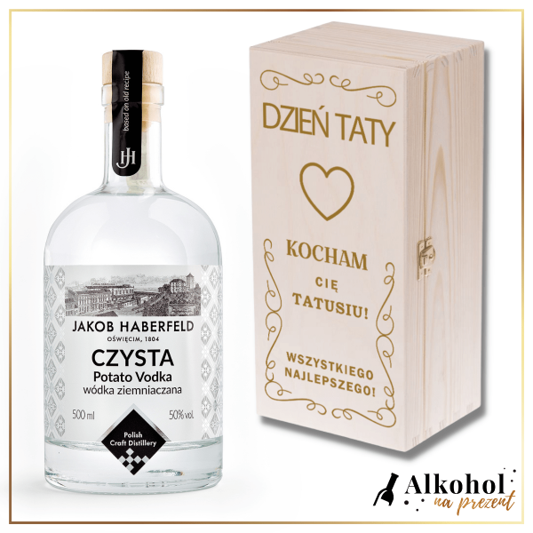 DZIEŃ TATY WÓDKA JAKOB HABERFELD CZYSTA 0.5L W SKRZYNCE Z NADRUKIEM - UPOMINEK NA DZIEŃ TATY