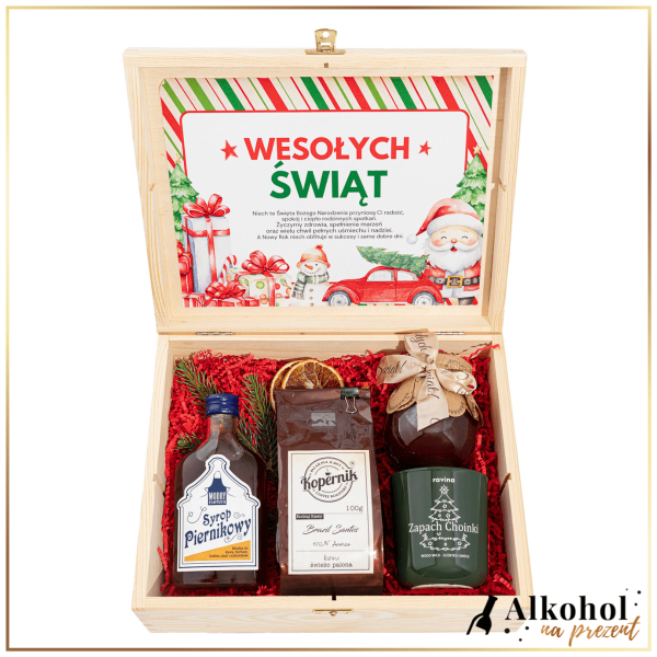ŚWIĄTECZNY ZESTAW SYROP PIERNIKOWY ZE ŚWIECZKĄ W SKRZYNCE Z ŻYCZENIAMI - PREZENT NA ŚWIĘTA BOŻEGO NARODZENIA